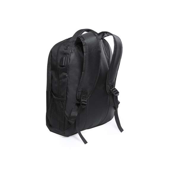 Mochila de resistente poliéster 600D en elegante acabado impermeable de color negro y salida para auriculares. Con compartimento interior con salida USB para conexión de powerbank -no incluido-. Interior con compartimento acolchado para ordenador portátil de hasta 15 pulgadas y tablets de hasta 10 pulgadas. Multitud de bolsillos interiores y exteriores. Cintas de hombros y espalda con acolchado ergonómico.