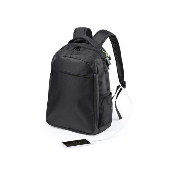 Mochila de resistente poliéster 600D en elegante acabado impermeable de color negro y salida para auriculares. Con compartimento interior con salida USB para conexión de powerbank -no incluido-. Interior con compartimento acolchado para ordenador portátil de hasta 15 pulgadas y tablets de hasta 10 pulgadas. Multitud de bolsillos interiores y exteriores. Cintas de hombros y espalda con acolchado ergonómico.