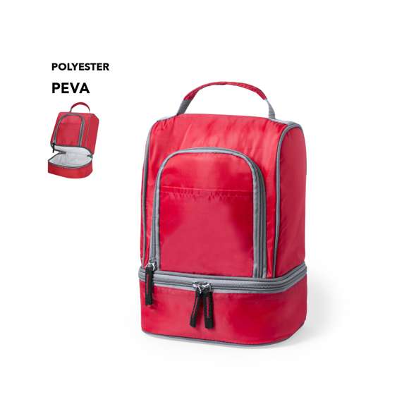 Nevera todoterreno en poliéster 210D de vivos colores y con dos compartimentos independientes con cierre de cremallera. Con bolsillo frontales, uno de ellos con cremallera, e interior isotermo en acabado PEVA. Práctica asa de transporte reforzada a juego.