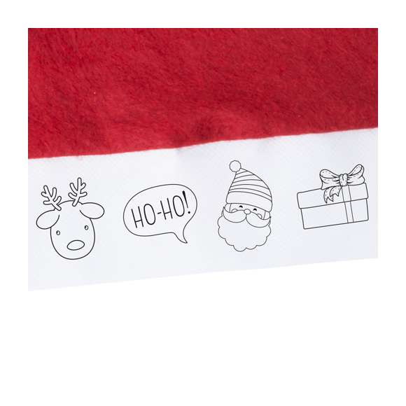 Gorro de Papá Noel para niño. Tira frontal de non-woven en color blanco con divertidos dibujos y especialmente diseñada para colorear con ceras. Incluye 4 ceras de cuerpo cilíndrico en variados colores.
