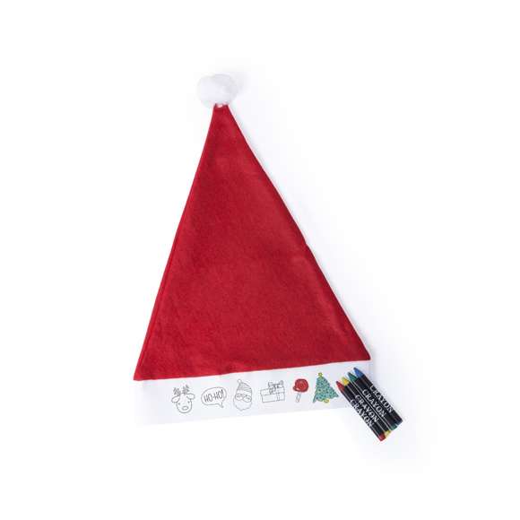Gorro de Papá Noel para niño. Tira frontal de non-woven en color blanco con divertidos dibujos y especialmente diseñada para colorear con ceras. Incluye 4 ceras de cuerpo cilíndrico en variados colores.