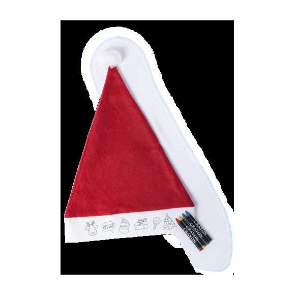 Gorro de Papá Noel para niño. Tira frontal de non-woven en color blanco con divertidos dibujos y especialmente diseñada para colorear con ceras. Incluye 4 ceras de cuerpo cilíndrico en variados colores.