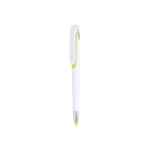  	Bolígrafo puntero de mecanismo pulsador con cuerpo de acabado brillante en color blanco y accesorios en variada gama de vivos colores. Con clip maxi y tinta azul.
