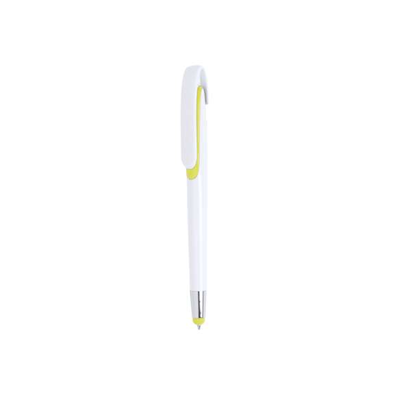  	Bolígrafo puntero de mecanismo pulsador con cuerpo de acabado brillante en color blanco y accesorios en variada gama de vivos colores. Con clip maxi y tinta azul.