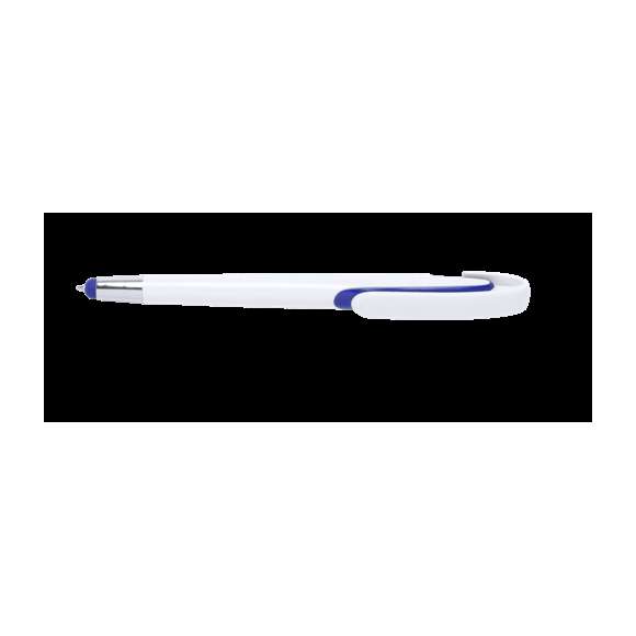  	Bolígrafo puntero de mecanismo pulsador con cuerpo de acabado brillante en color blanco y accesorios en variada gama de vivos colores. Con clip maxi y tinta azul.
