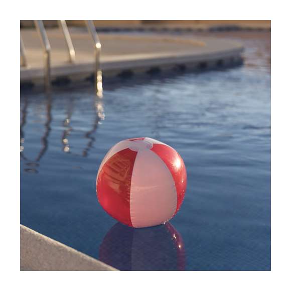Balón inflable de PVC con diseño bicolor en combinación de paneles blancos y transparentes en vivos colores.