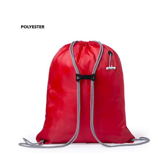 Mochila de cuerdas en suave poliéster 190T de vivos colores. Con salida de auriculares, cuerdas autocierre extra gruesas en color gris con accesorio de ajuste y esquinas con argollas metálicas y refuerzo.