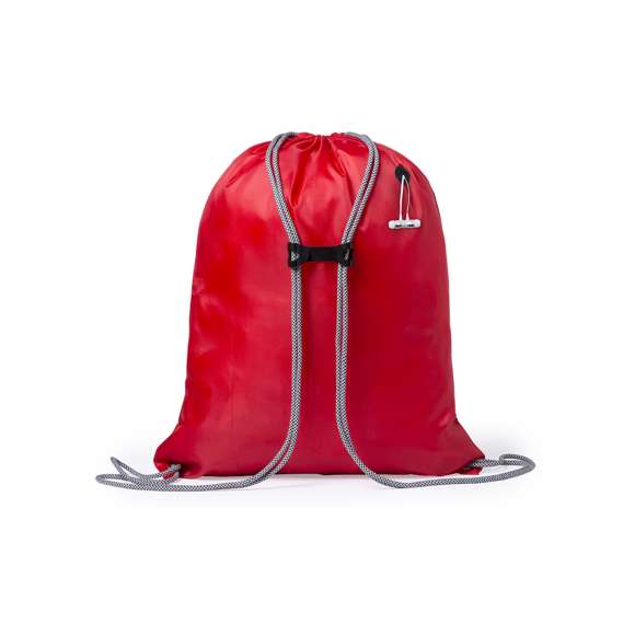 Mochila de cuerdas en suave poliéster 190T de vivos colores. Con salida de auriculares, cuerdas autocierre extra gruesas en color gris con accesorio de ajuste y esquinas con argollas metálicas y refuerzo.