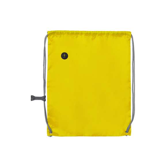 Mochila de cuerdas en suave poliéster 190T de vivos colores. Con salida de auriculares, cuerdas autocierre extra gruesas en color gris con accesorio de ajuste y esquinas con argollas metálicas y refuerzo.