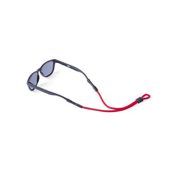 Original cinta para gafas con enganches de seguridad para todo tipo de patillas. En resistente poliéster de vivos colores. Accesorio de ajuste de seguridad con superficie lisa para marcaje.