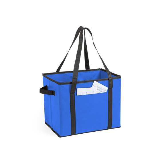 Organizador plegable para el maletero del coche en resistente non-woven de vivos colores. Con asas de transporte reforzadas, asa lateral, bolsillo frontal y base rígida para un firme ajuste.