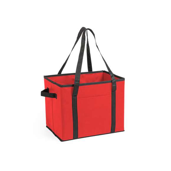 Organizador plegable para el maletero del coche en resistente non-woven de vivos colores. Con asas de transporte reforzadas, asa lateral, bolsillo frontal y base rígida para un firme ajuste.