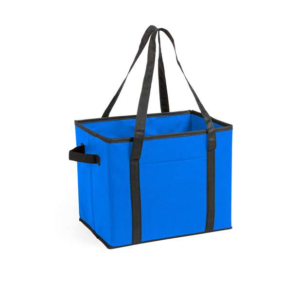 Organizador plegable para el maletero del coche en resistente non-woven de vivos colores. Con asas de transporte reforzadas, asa lateral, bolsillo frontal y base rígida para un firme ajuste.
