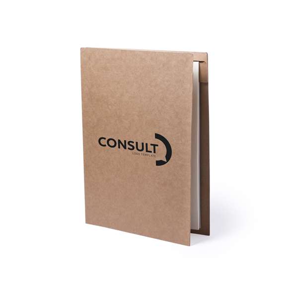  	Carpeta en resistente cartón reciclado de acabado rígido con bolígrafo de cartón reciclado a juego incluido. Interior con bloc extraíble de 20 hojas lisas, bolsillo de solapa, tarjetero y soporte para bolígrafo.