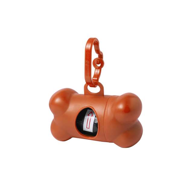  	Dispensador de bolsas para mascotas con resistente cuerpo en vivos colores y diseño de hueso. Con mosquetón de transporte a juego y 15 bolsas incluidas.