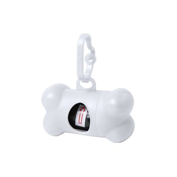  	Dispensador de bolsas para mascotas con resistente cuerpo en vivos colores y diseño de hueso. Con mosquetón de transporte a juego y 15 bolsas incluidas.