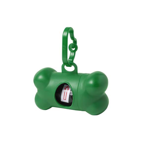  	Dispensador de bolsas para mascotas con resistente cuerpo en vivos colores y diseño de hueso. Con mosquetón de transporte a juego y 15 bolsas incluidas.