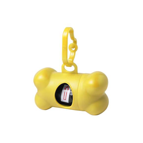  	Dispensador de bolsas para mascotas con resistente cuerpo en vivos colores y diseño de hueso. Con mosquetón de transporte a juego y 15 bolsas incluidas.