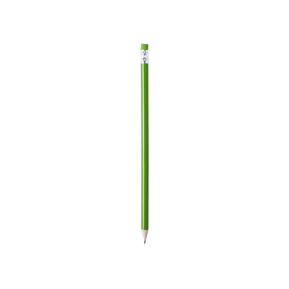  	Lápiz de madera de acabado brillo. Con cuerpo redondo y goma de borrar a juego. Disponible en variada gama de colores. Mina negra y punta afilada.