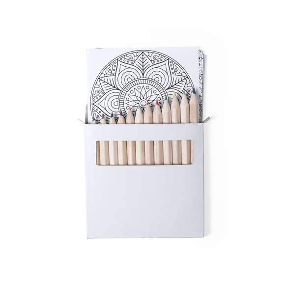 Set de lápices y láminas para colorear con diseños mandala para colorear y relajarse. Incluye 12 lápices de cuerpo hexagonal y 12 láminas con diseños diferentes. Presentado en estuche de cartón con ventana.