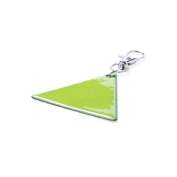 Llavero de diseño triangular en PVC reflectante de alta visibilidad y con cierre mosquetón.