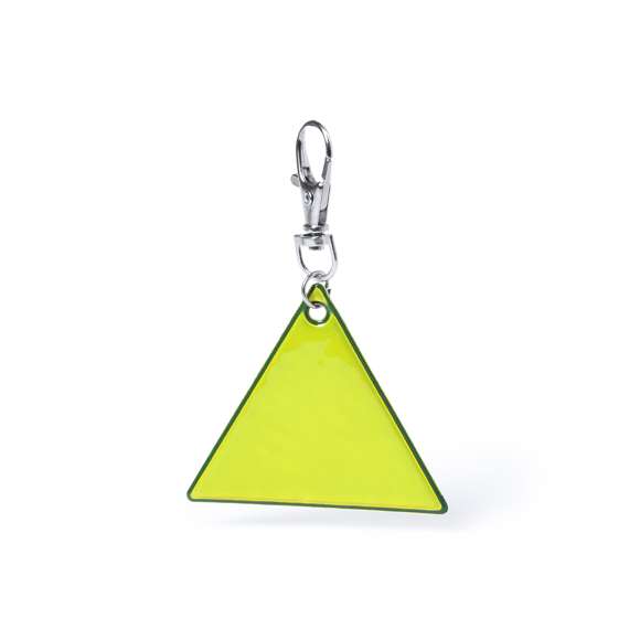 Llavero de diseño triangular en PVC reflectante de alta visibilidad y con cierre mosquetón.
