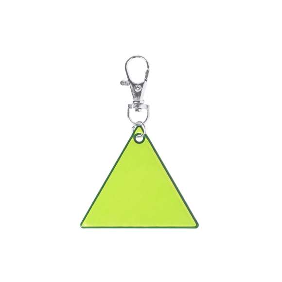 Llavero de diseño triangular en PVC reflectante de alta visibilidad y con cierre mosquetón.
