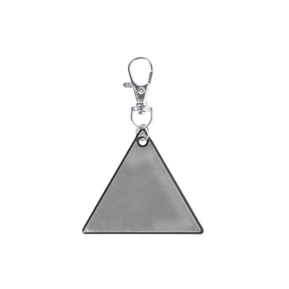 Llavero de diseño triangular en PVC reflectante de alta visibilidad y con cierre mosquetón.