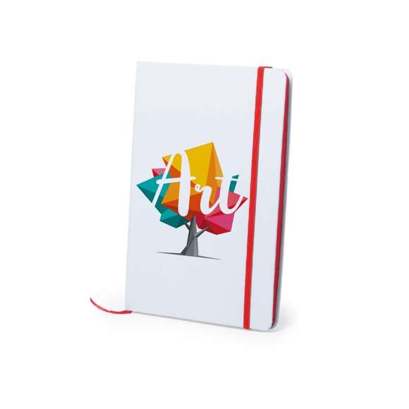  	Bloc de notas con tapas rígidas de suave tacto acabadas en color blanco. De 100 hojas lisas con lomo en divertidos colores, elástico de sujeción y marcapáginas de tela a juego.