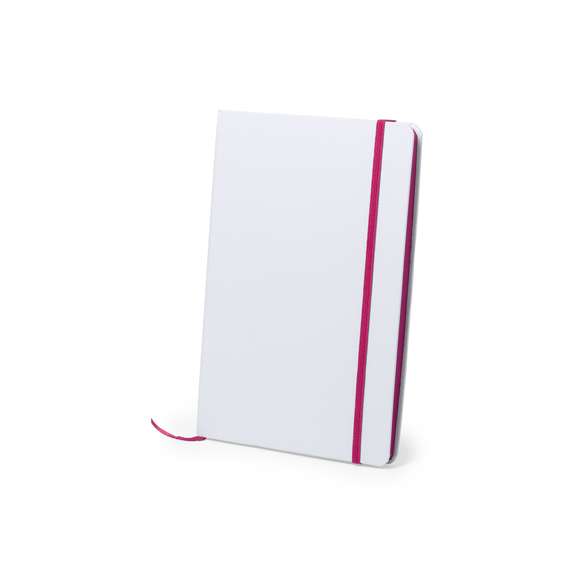  	Bloc de notas con tapas rígidas de suave tacto acabadas en color blanco. De 100 hojas lisas con lomo en divertidos colores, elástico de sujeción y marcapáginas de tela a juego.