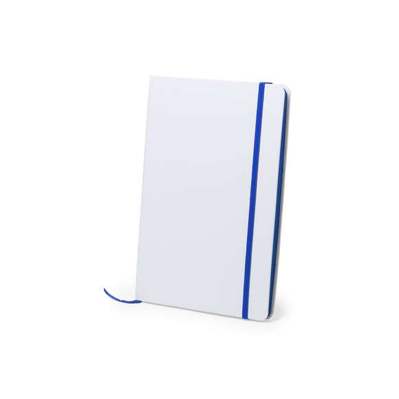  	Bloc de notas con tapas rígidas de suave tacto acabadas en color blanco. De 100 hojas lisas con lomo en divertidos colores, elástico de sujeción y marcapáginas de tela a juego.