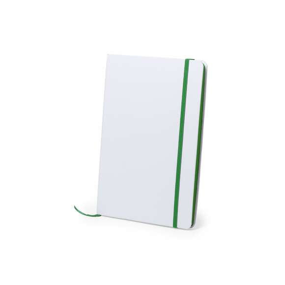  	Bloc de notas con tapas rígidas de suave tacto acabadas en color blanco. De 100 hojas lisas con lomo en divertidos colores, elástico de sujeción y marcapáginas de tela a juego.