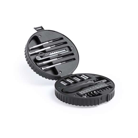  	Set de herramientas de 20 accesorios en resistente estuche con diseño de rueda. Incluye set de destornilladores de precisión, herramienta de fijación, cabezales destornilladores planos y de estrella, llaves para tuercas de cabeza hexagonal y cutter. Presentado en caja individual.