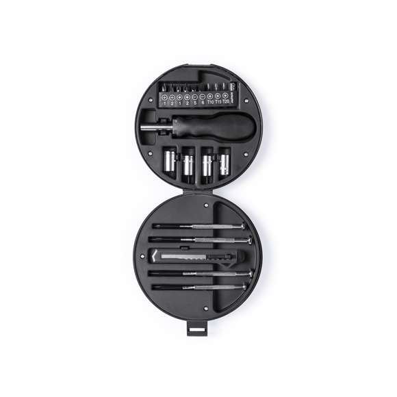  	Set de herramientas de 20 accesorios en resistente estuche con diseño de rueda. Incluye set de destornilladores de precisión, herramienta de fijación, cabezales destornilladores planos y de estrella, llaves para tuercas de cabeza hexagonal y cutter. Presentado en caja individual.