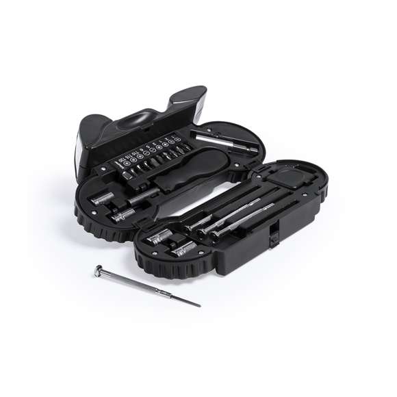 Set de herramientas de 14 accesorios en resistente estuche con diseño de moto, con linterna de 4 ledes integrada. Incluye set de destornilladores de precisión, herramienta de fijación, cabezales destornilladores planos y de estrella y llaves para tuercas de cabeza hexagonal. Pilas de botón incluidas. Presentado en caja individual.