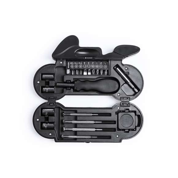 Set de herramientas de 14 accesorios en resistente estuche con diseño de moto, con linterna de 4 ledes integrada. Incluye set de destornilladores de precisión, herramienta de fijación, cabezales destornilladores planos y de estrella y llaves para tuercas de cabeza hexagonal. Pilas de botón incluidas. Presentado en caja individual.