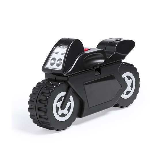 Set de herramientas de 14 accesorios en resistente estuche con diseño de moto, con linterna de 4 ledes integrada. Incluye set de destornilladores de precisión, herramienta de fijación, cabezales destornilladores planos y de estrella y llaves para tuercas de cabeza hexagonal. Pilas de botón incluidas. Presentado en caja individual.