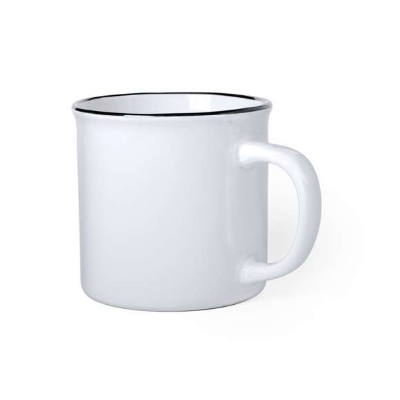 Taza de cerámica de 300ml de capacidad con diseño vintage. en combinación de exterior en variada gama de colores e interior en color blanco con borde negro. Presentada en caja individual.Disponible manual de instrucciones en español e inglés.
