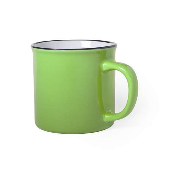 Taza de cerámica de 300ml de capacidad con diseño vintage. en combinación de exterior en variada gama de colores e interior en color blanco con borde negro. Presentada en caja individual.Disponible manual de instrucciones en español e inglés.