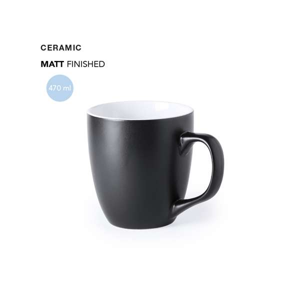 Taza de cerámica de 470ml de capacidad con exterior en variada gama de vivos colores e interior en color blanco. Presentada en caja individual.