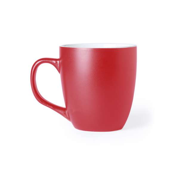 Taza de cerámica de 470ml de capacidad con exterior en variada gama de vivos colores e interior en color blanco. Presentada en caja individual.