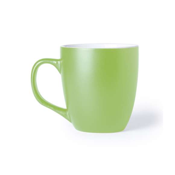 Taza de cerámica de 470ml de capacidad con exterior en variada gama de vivos colores e interior en color blanco. Presentada en caja individual.
