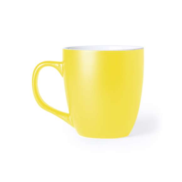 Taza de cerámica de 470ml de capacidad con exterior en variada gama de vivos colores e interior en color blanco. Presentada en caja individual.