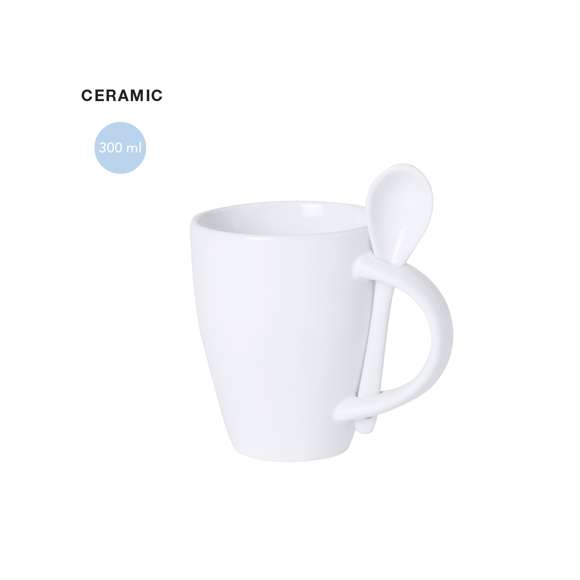 Taza de cerámica de 300ml de capacidad en color blanco. Con cuchara de cerámica a juego integrada en asa y presentada en caja individual.Disponible manual de instrucciones en español e inglés.
