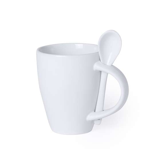 Taza de cerámica de 300ml de capacidad en color blanco. Con cuchara de cerámica a juego integrada en asa y presentada en caja individual.Disponible manual de instrucciones en español e inglés.