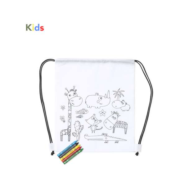 Mochila de non-woven en color blanco especialmente diseñada para colorear con ceras. Incluye 5 ceras de cuerpo cilíndrico en variados colores. Con cuerdas autocierre en color negro y refuerzo en las esquinas.