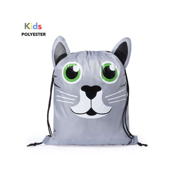 Mochila de cuerdas plegable para niño, en suave poliéster 210T de originales diseños con animalitos. Con cuerdas autocierre en color negro y esquinas reforzadas. Plegado de pequeño tamaño.