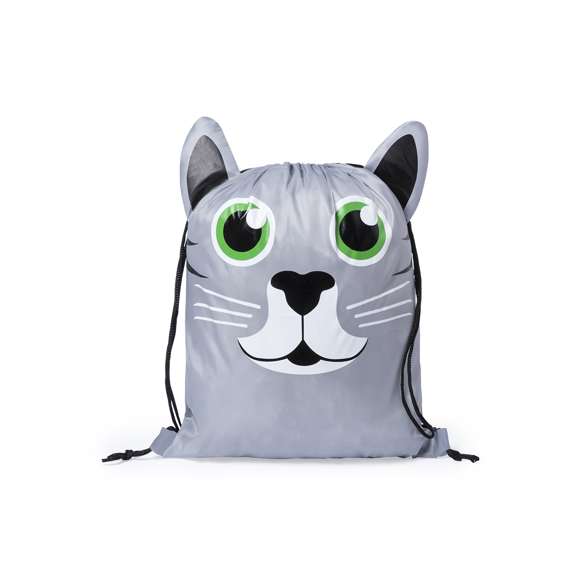 Mochila de cuerdas plegable para niño, en suave poliéster 210T de originales diseños con animalitos. Con cuerdas autocierre en color negro y esquinas reforzadas. Plegado de pequeño tamaño.