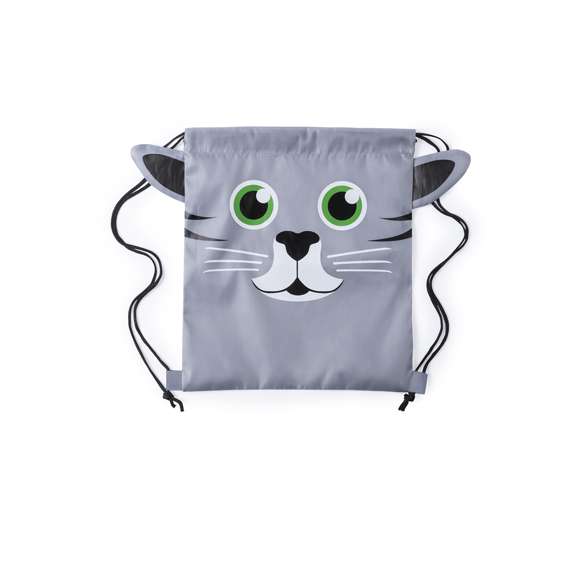 Mochila de cuerdas plegable para niño, en suave poliéster 210T de originales diseños con animalitos. Con cuerdas autocierre en color negro y esquinas reforzadas. Plegado de pequeño tamaño.