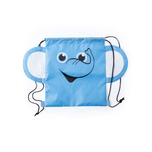 Mochila de cuerdas plegable para niño, en suave poliéster 210T de originales diseños con animalitos. Con cuerdas autocierre en color negro y esquinas reforzadas. Plegado de pequeño tamaño.